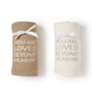 Mellow Monkey You Are Loved Beyond Measure soft knit cotton baby blankets in taupe and gray tied with white ribbons.