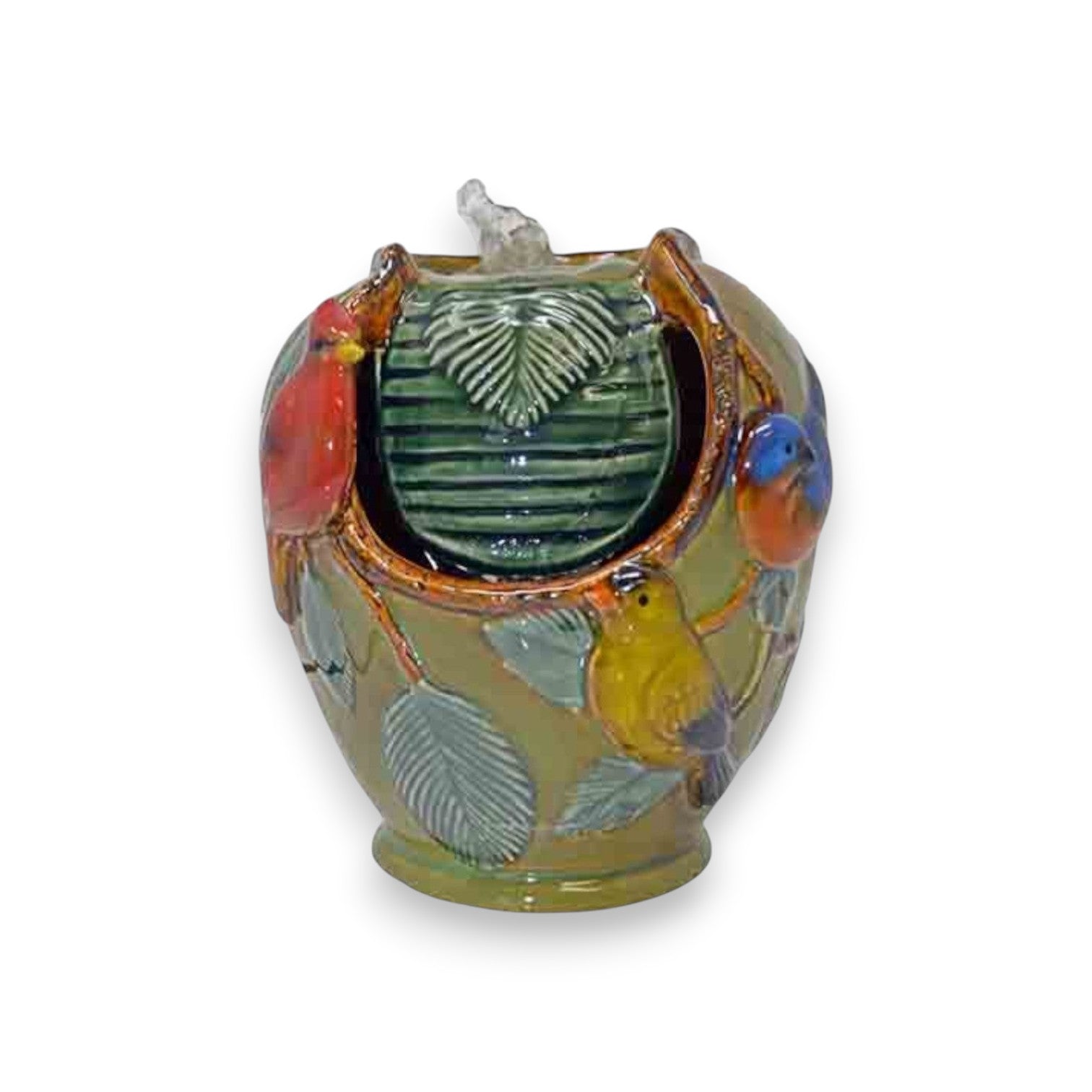 Mellow Monkey glazed ceramic tabletop fountain featuring cardinal, goldfinch, and bluebird figures with river pebbles.