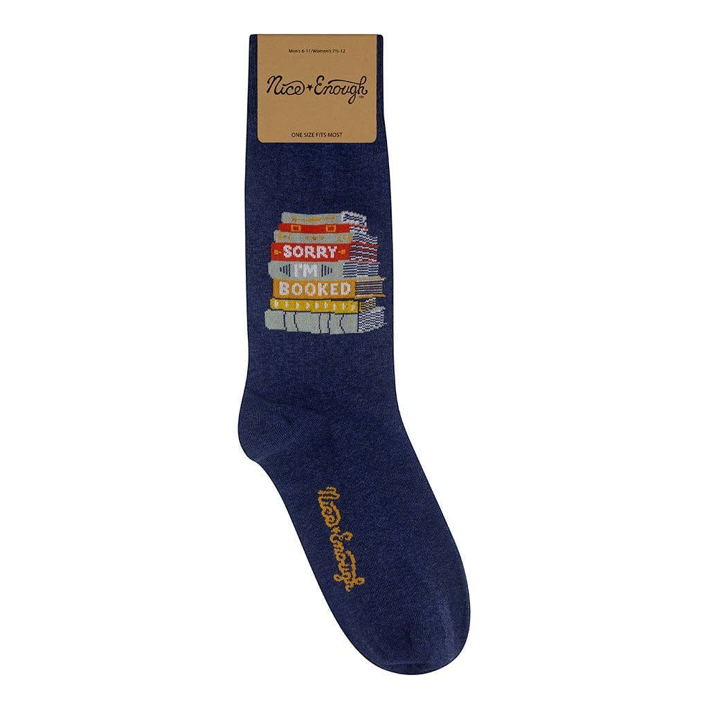 Mellow Monkey navy blue cotton blend socks featuring a colorful stack of books with the text Sorry I'm Booked