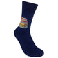 Mellow Monkey navy blue cotton blend socks featuring a colorful stack of books with the text Sorry I'm Booked