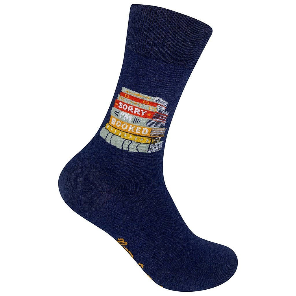 Mellow Monkey navy blue cotton blend socks featuring a colorful stack of books with the text Sorry I'm Booked