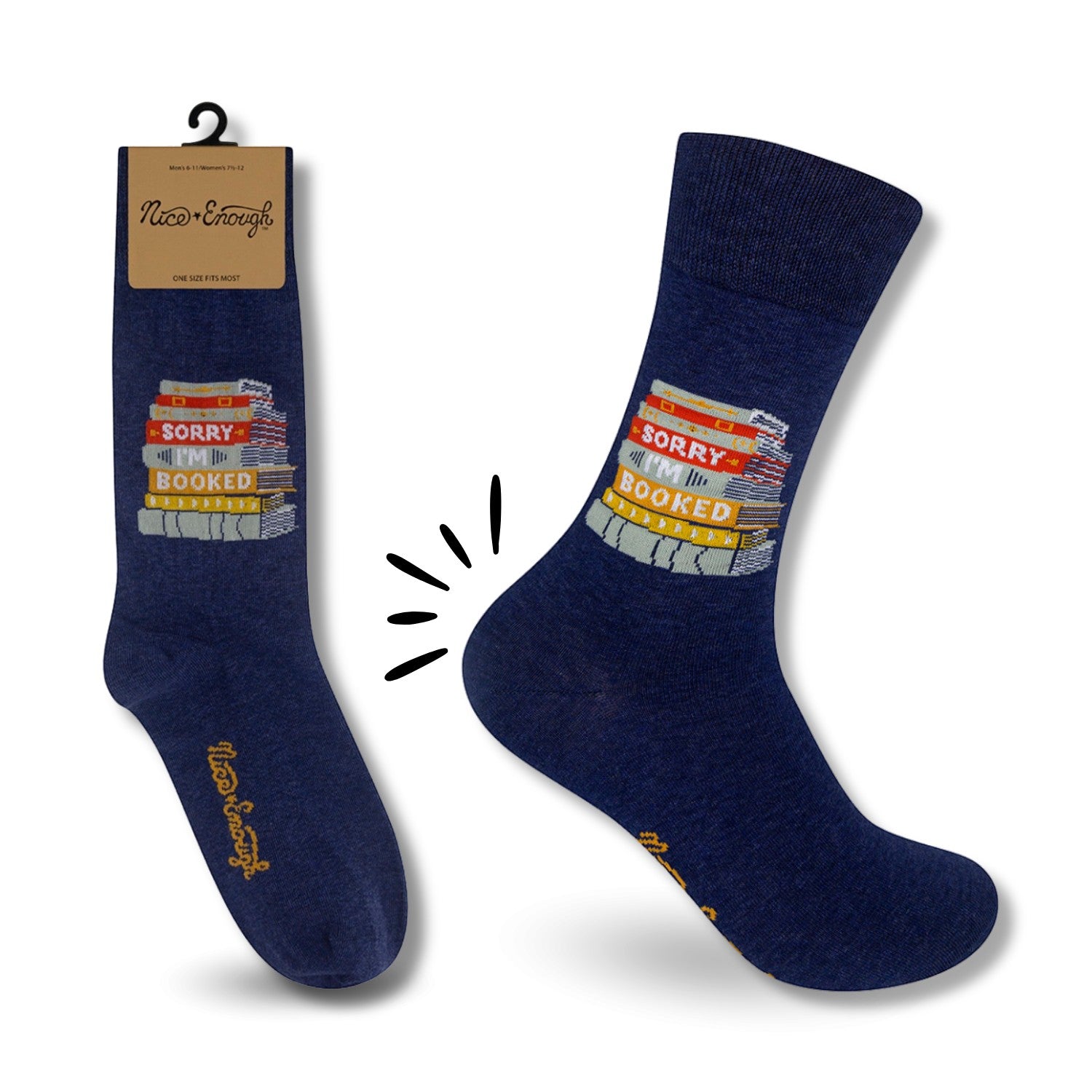 Mellow Monkey navy blue cotton blend socks featuring a colorful stack of books with the text Sorry I'm Booked