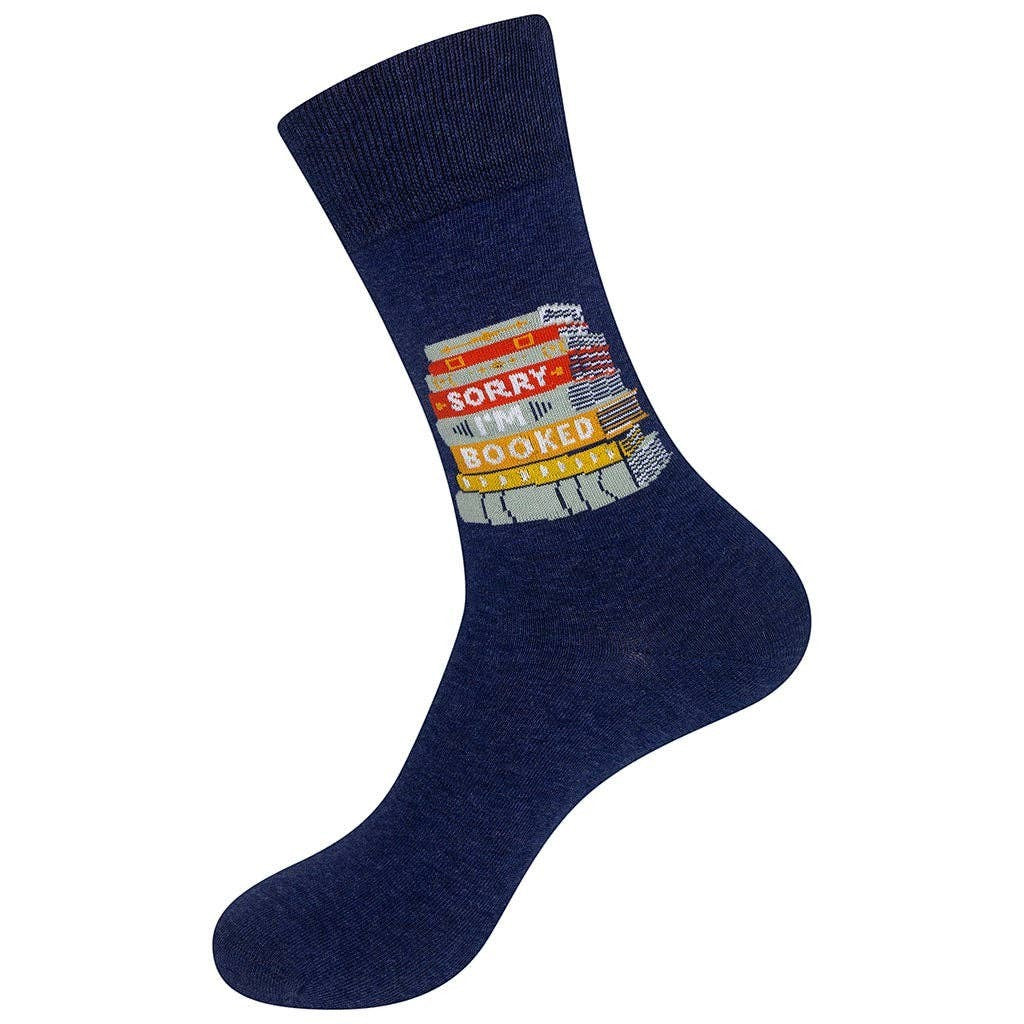 Mellow Monkey navy blue cotton blend socks featuring a colorful stack of books with the text Sorry I'm Booked