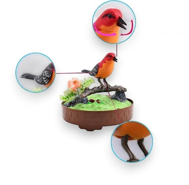 Mellow Monkey sound-activated red singing bird toy on a branch with interactive head and wing movement features