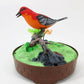 Mellow Monkey sound-activated red singing bird toy perched on a branch inside a decorative cage base