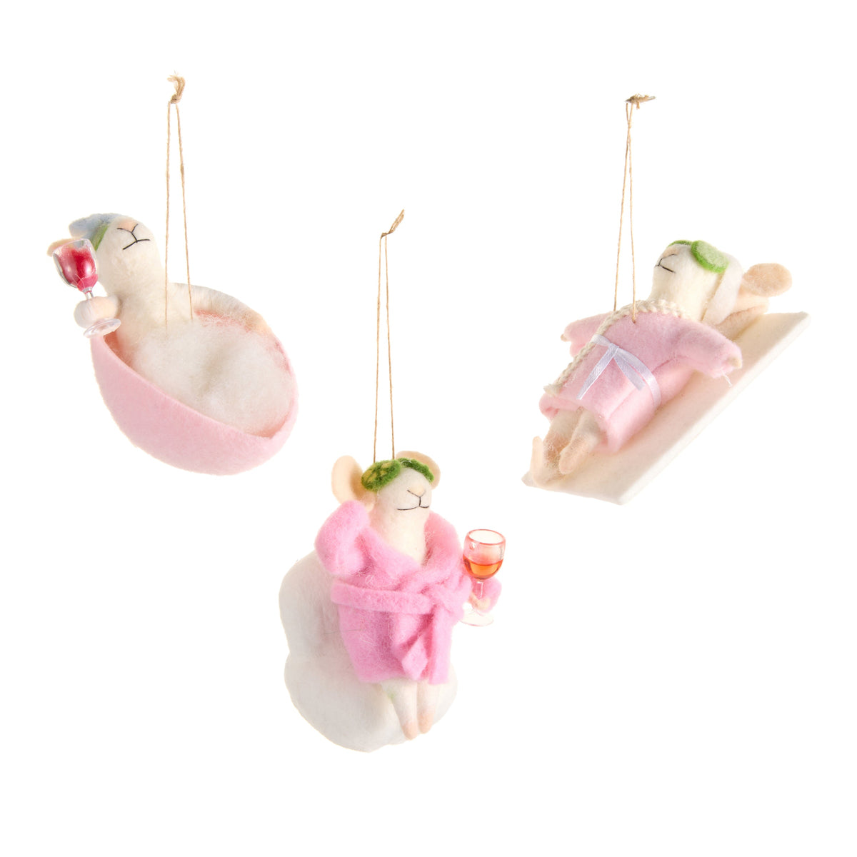 Mellow Monkey Spa Day Mice ornaments featuring three handcrafted wool and polyester mice in relaxing spa poses.