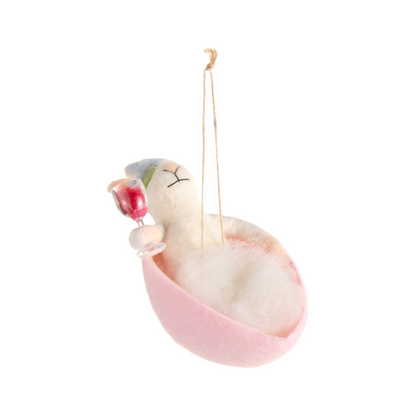Mellow Monkey Spa Day Mouse ornament lounging in a pink chair with a glass of wine, made from soft wool and foam.