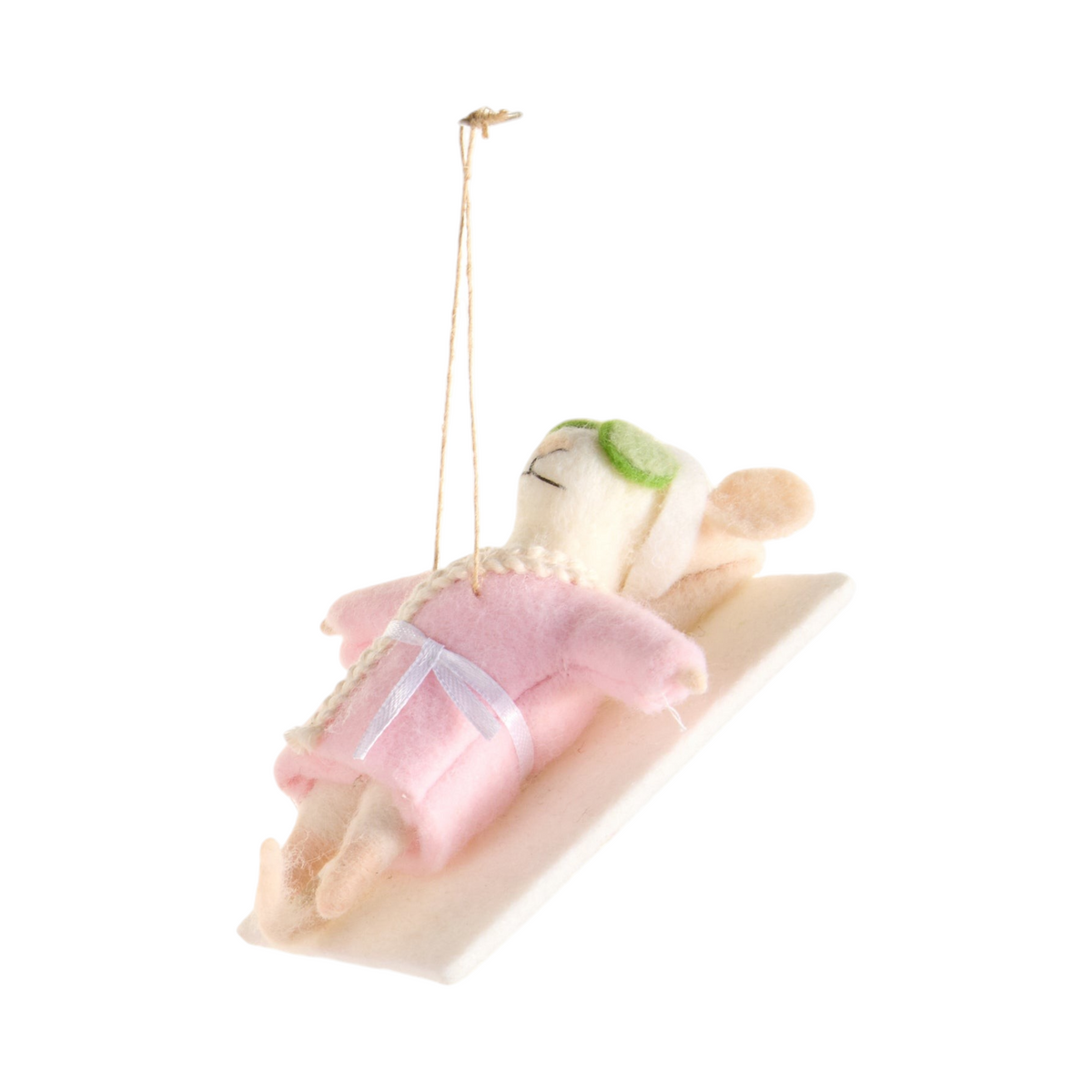Mellow Monkey Spa Day Mouse ornament featuring a mouse in a pink robe and green eye mask resting on a white mat