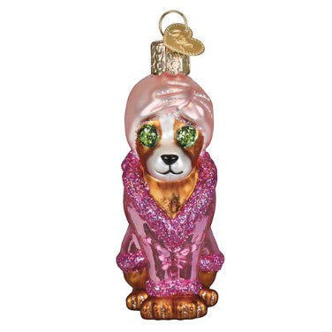 Mellow Monkey Spa Dog Old World Christmas blown glass ornament with cucumber eyes and pink robe.