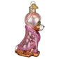 Mellow Monkey Spa Dog blown glass holiday ornament, pink robe with glitter trim, green gem eyes, sitting pose.