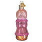 Mellow Monkey Spa Dog Old World Christmas blown glass ornament, pink with glitter accents and cucumber eyes.