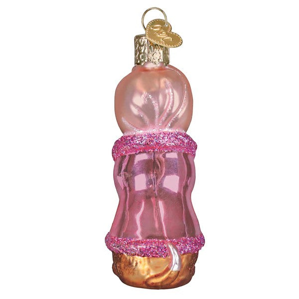 Mellow Monkey Spa Dog Old World Christmas blown glass ornament, pink with glitter accents and cucumber eyes.
