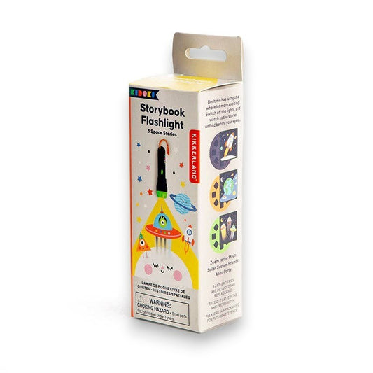 Mellow Monkey Space Stories Storybook Flashlight in colorful FSC packaging featuring space-themed illustrations.