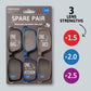 Mellow Monkey Spare Pair reading glasses set of three in grey, blue, and brown frames on display packaging.