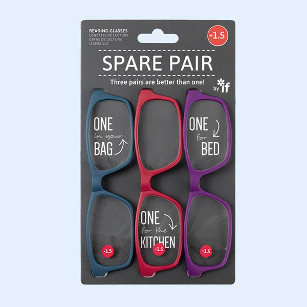 Mellow Monkey Spare Pair reading glasses set of three in blue, red, and purple frames on display packaging