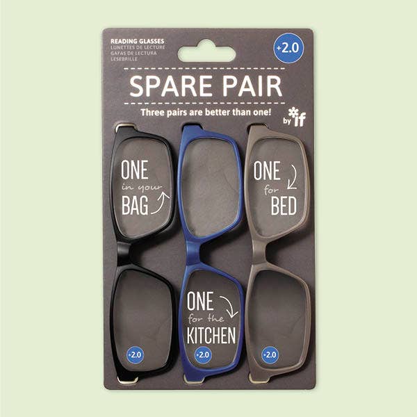 Mellow Monkey Spare Pair reading glasses set of three in black, blue, and grey with 2.0 magnification strength