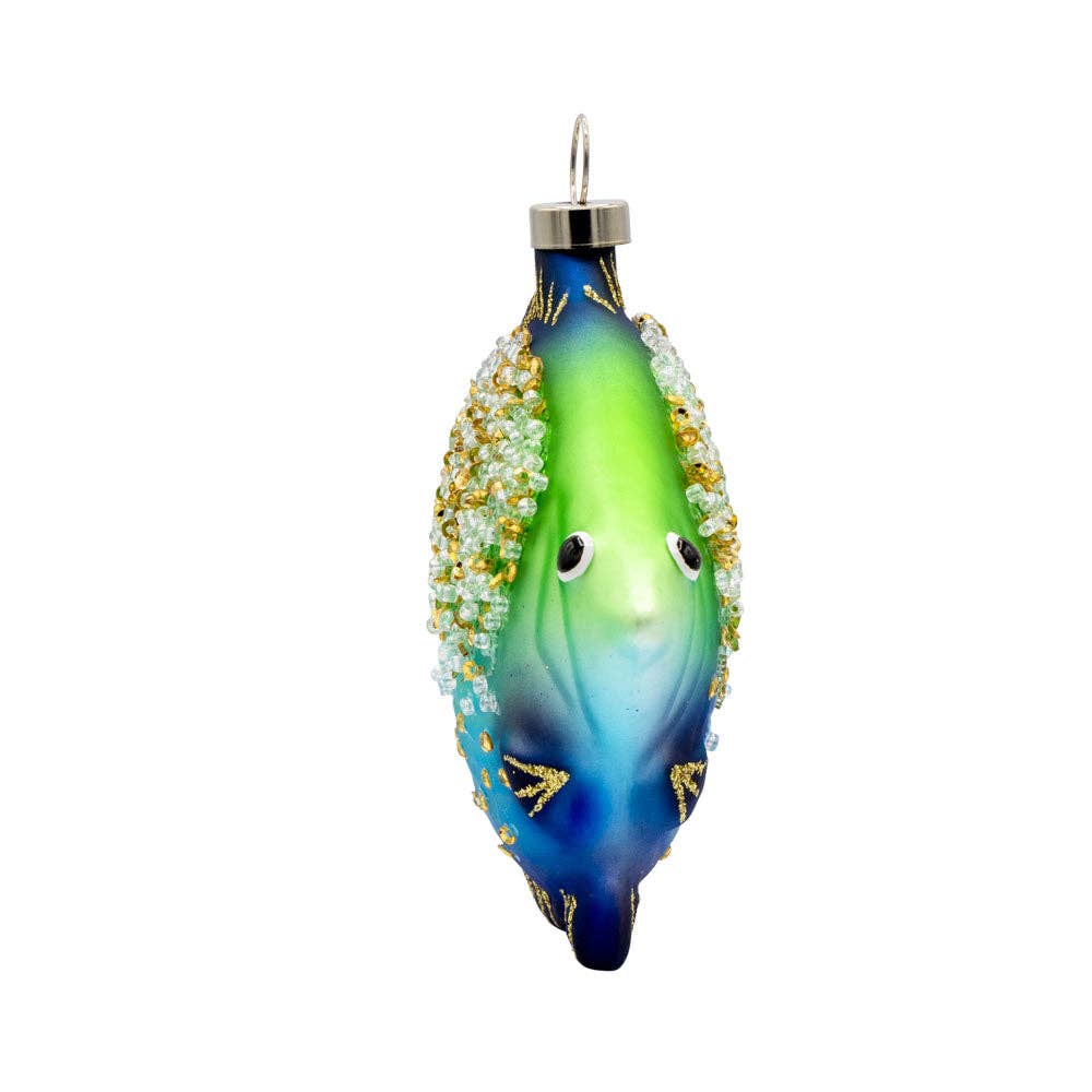 Mellow Monkey Sparkle Fish glass holiday ornament in blue and lime green with gold glitter and shimmering bead accents.