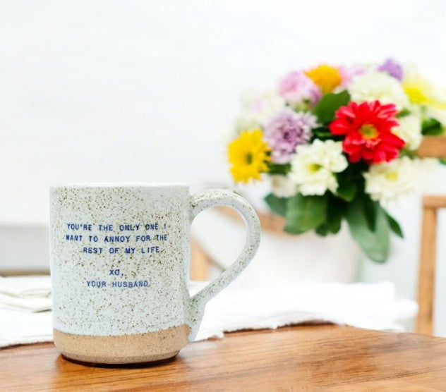 Mellow Monkey handmade ceramic mug with speckled finish and playful quote about annoying your husband