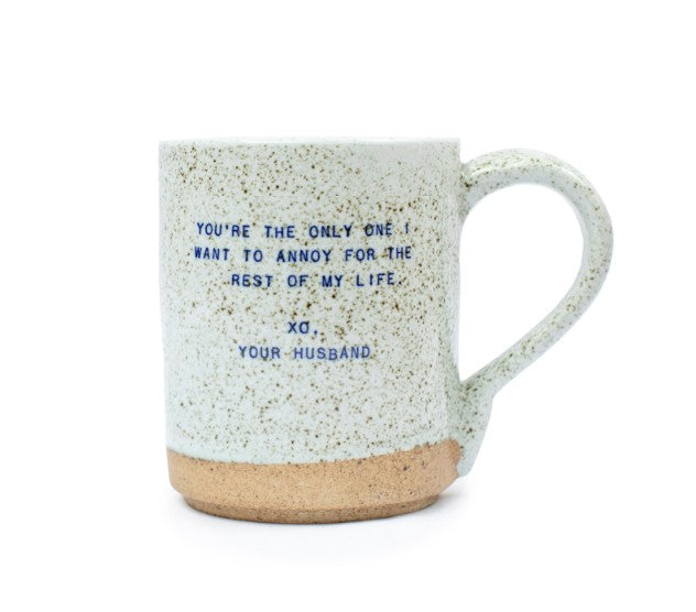 Mellow Monkey handmade ceramic mug with speckled finish and playful quote for husband in blue text