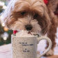 Mellow Monkey ceramic mug with speckles and You Are My Favorite Human quote, being licked by a fluffy brown dog.