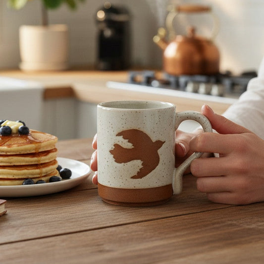 Mellow Monkey speckled stoneware mug with a hand-carved bird design held by a person next to a plate of pancakes.