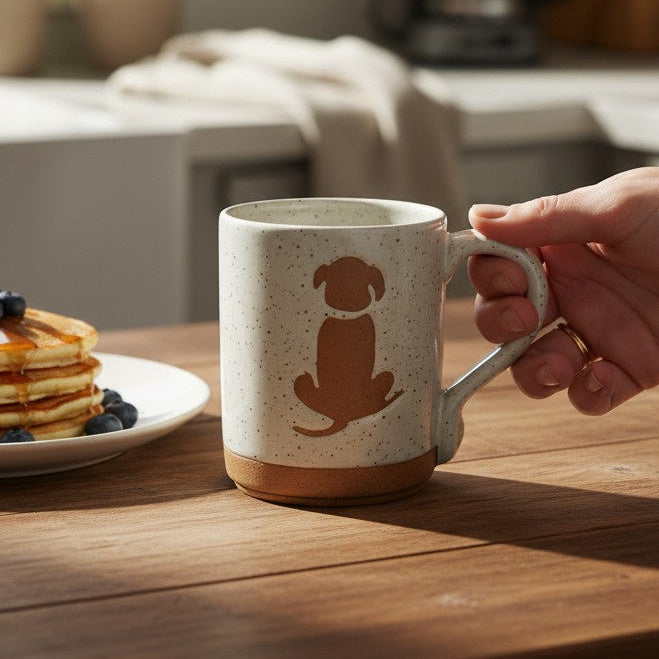 Mellow Monkey speckled stoneware mug with a brown dog silhouette, held on a wooden table next to a plate of pancakes.