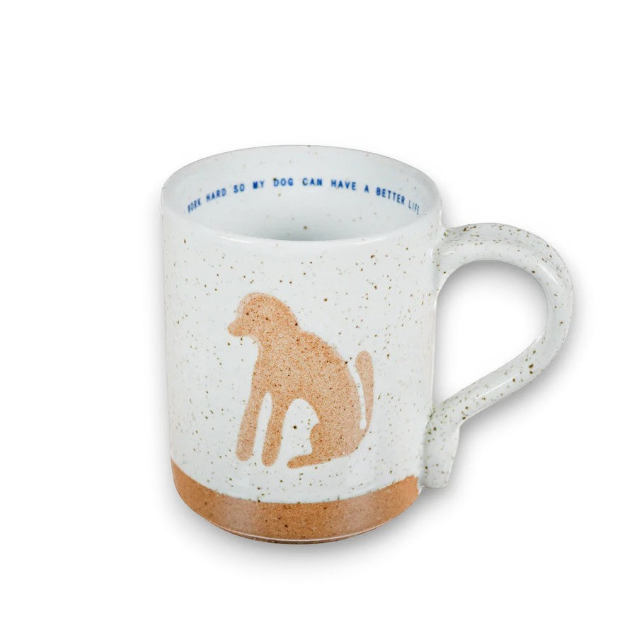 Mellow Monkey speckled stoneware mug with a dog illustration and a hidden quote inside the rim.