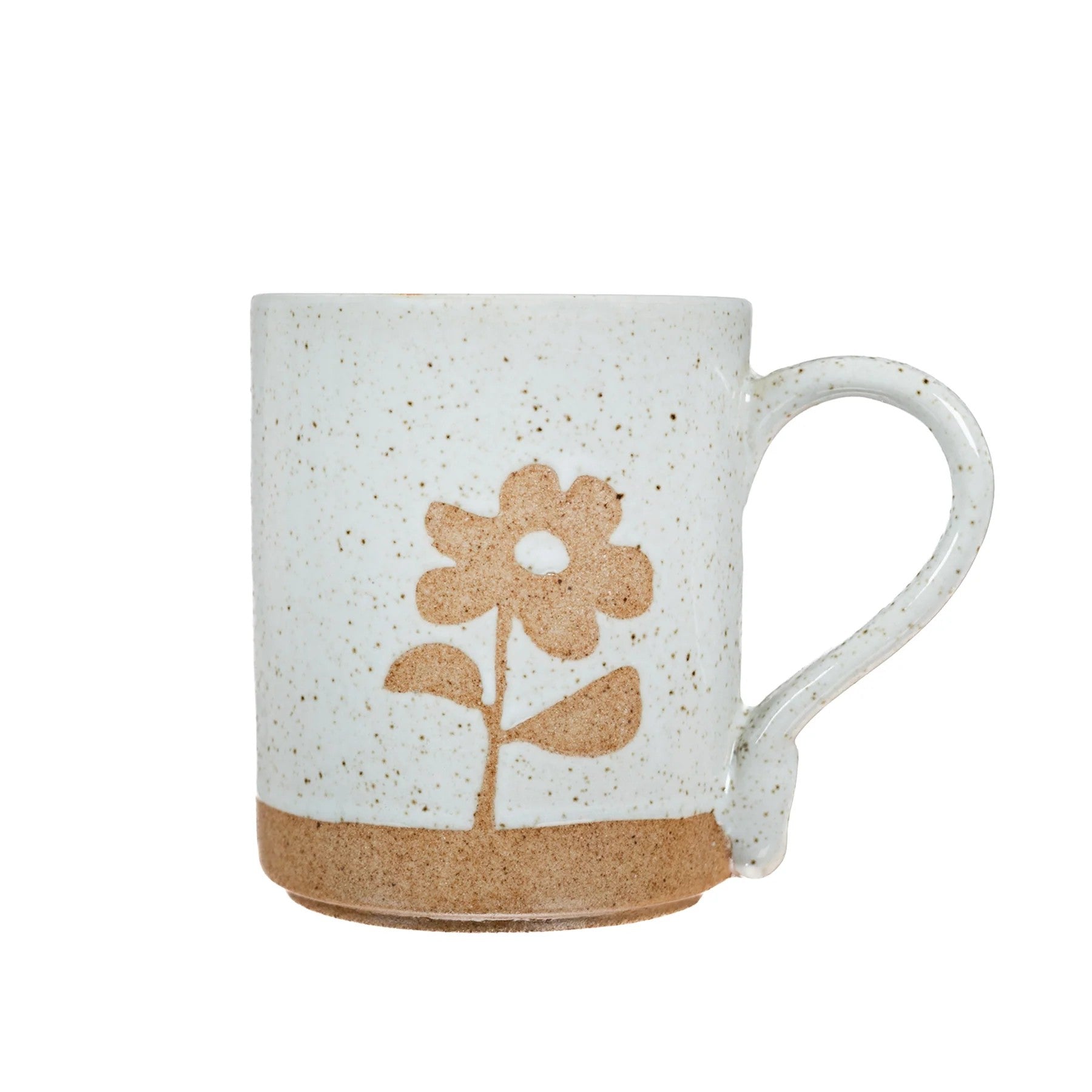 Mellow Monkey speckled stoneware mug featuring a hand-carved flower design and Keep Blooming Beautiful One quote.