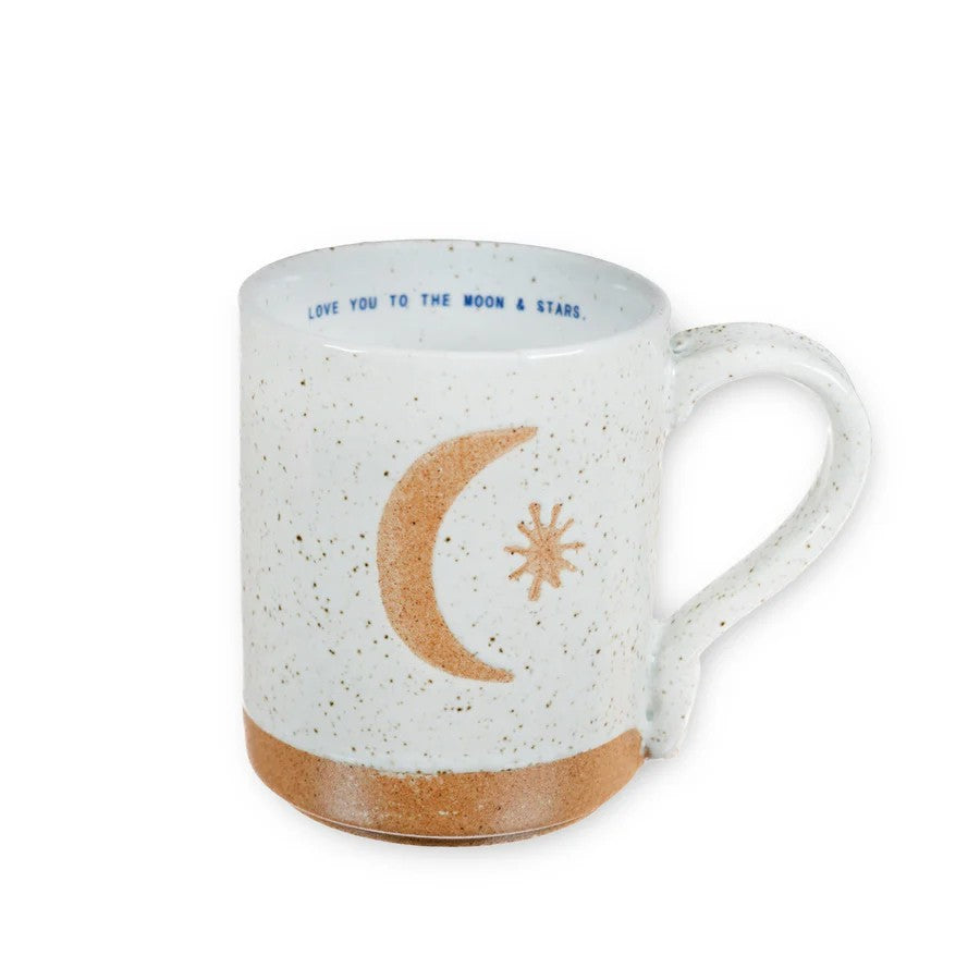 Mellow Monkey speckled stoneware mug with a hand-carved moon and star design and interior quote.