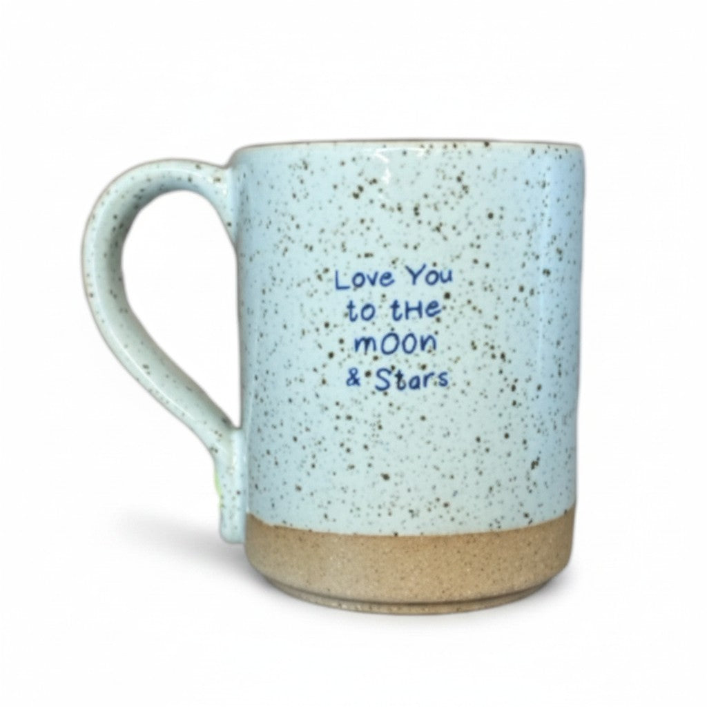 Mellow Monkey speckled stoneware mug featuring the quote Love You To The Moon & Stars in blue text
