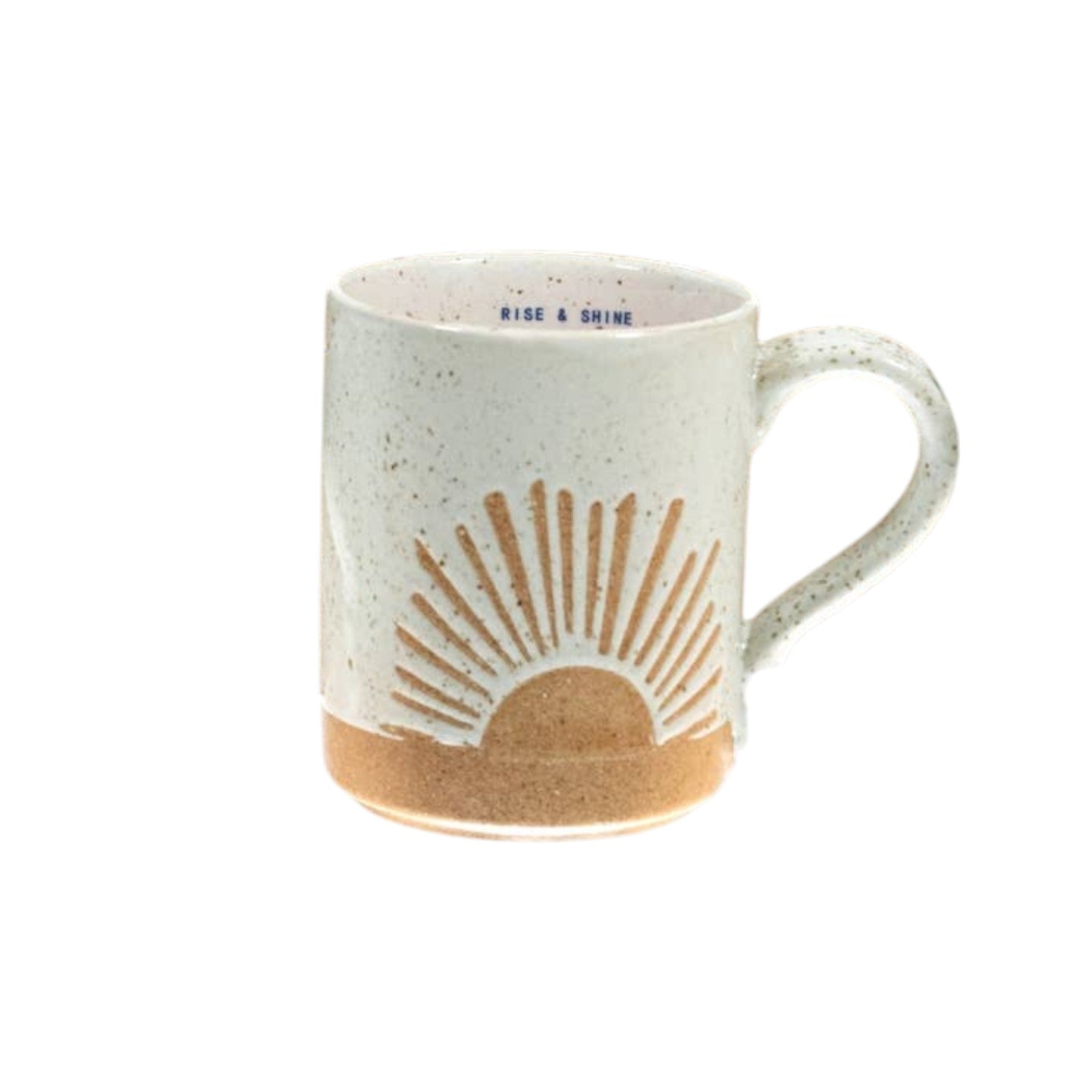 Mellow Monkey speckled stoneware mug with a hand-carved sun design and Rise & Shine quote inside.