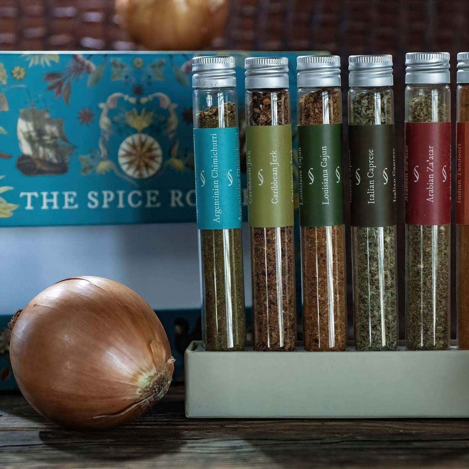 Mellow Monkey The Spice Route 8 exotic spice blend gift set in glass tubes. Includes Argentinian Chimichurri, Caribbean Jerk, Louisiana Cajun, Italian Caprese, Arabian Za'atar, Indian Tandoori, Chinese 5 Spice, and Japanese Togarashi.