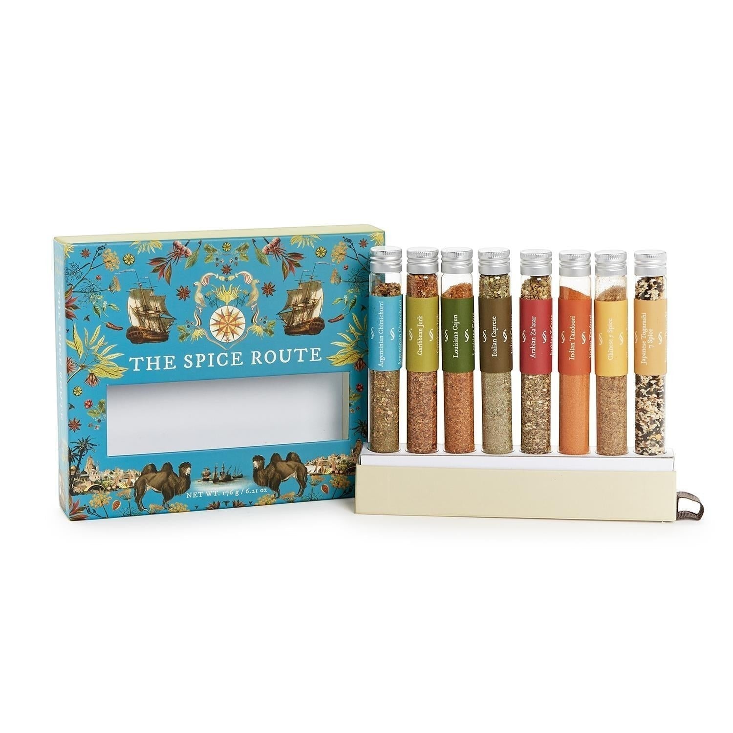 Mellow Monkey The Spice Route 8-tube gourmet spice gift set with exotic blends like Tandoori, Cajun, and Chimichurri.