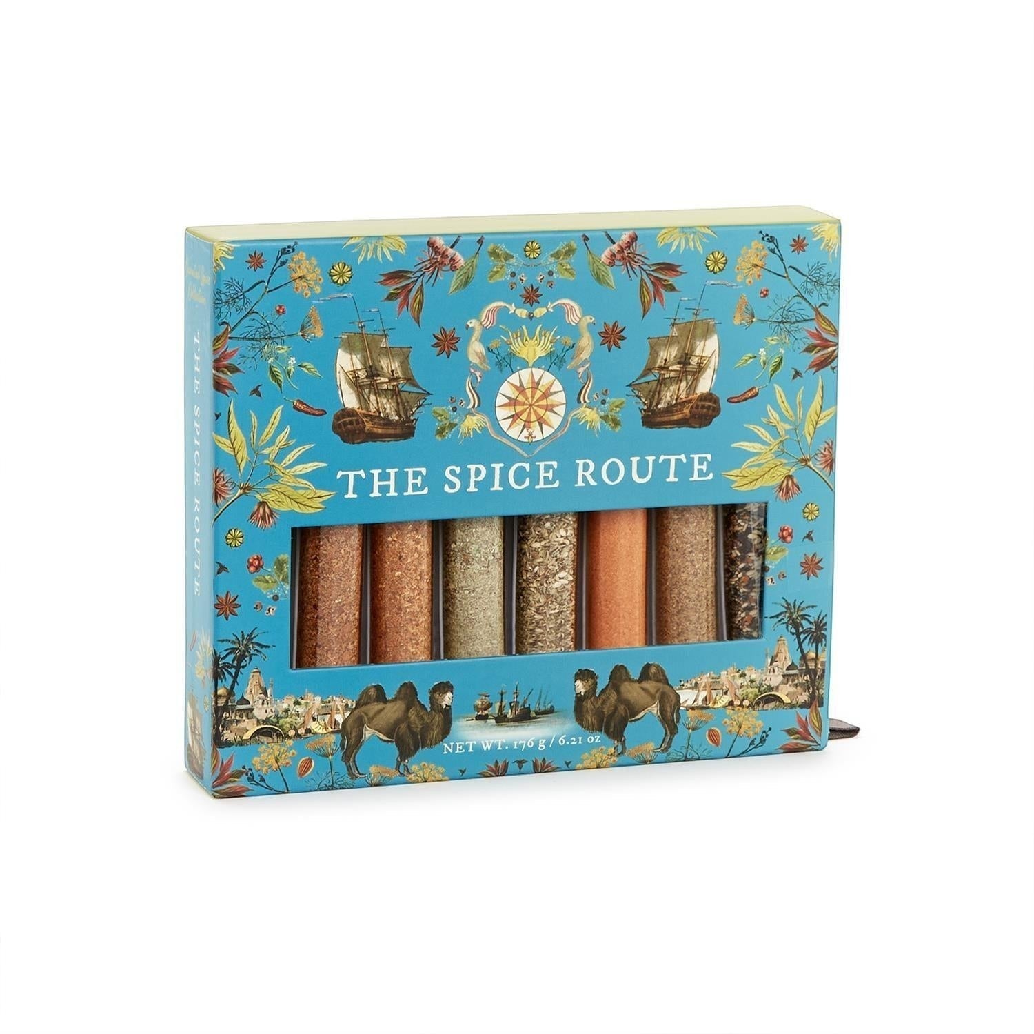 Mellow Monkey The Spice Route 8 tube gourmet spice gift set with exotic blends like Tandoori, Chimichurri, and Cajun.