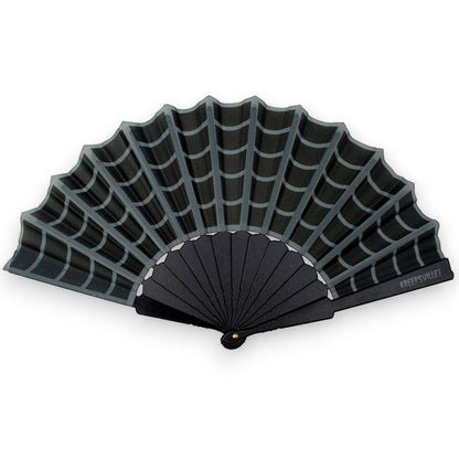 Mellow Monkey black gothic hand fan with a scalloped edge and grey spiderweb print for a spooky summer accessory.