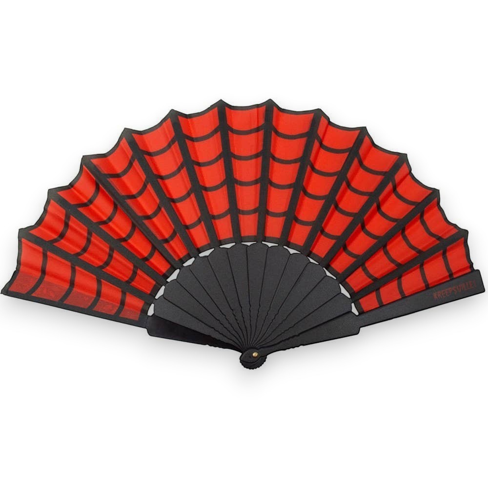 Mellow Monkey red and black gothic spiderweb scallop hand fan for summer cooling and alternative fashion accessories.