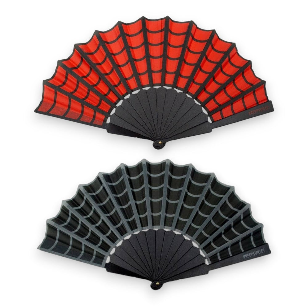Mellow Monkey red and black gothic hand fan with a scalloped edge and spiderweb print design.