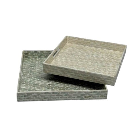Mellow Monkey square capiz shell serving trays with a decorative fish pattern in neutral tones