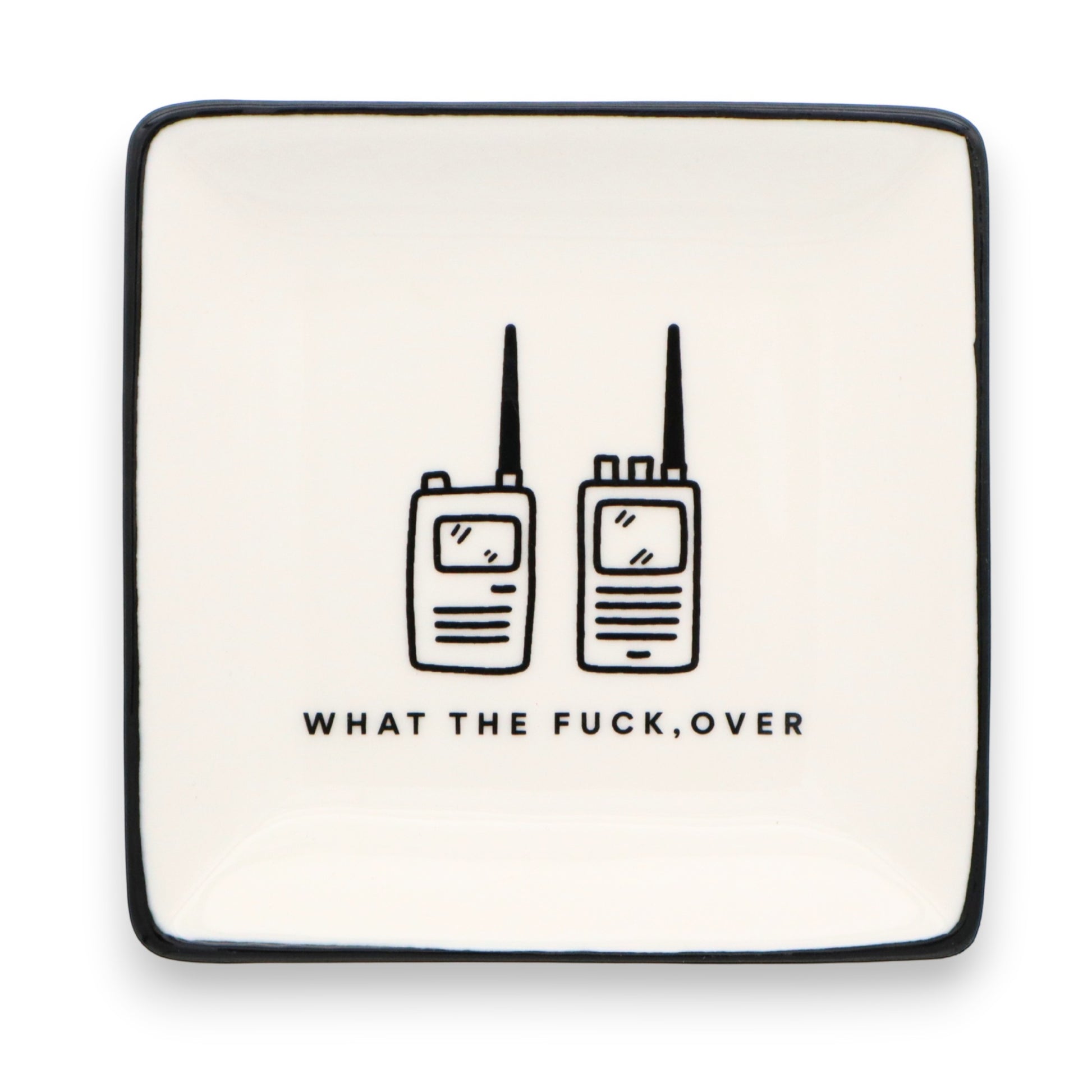 Mellow Monkey square ceramic trinket tray in white with black trim and walkie-talkie graphic with funny text