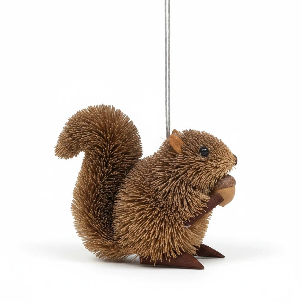 Mellow Monkey gray squirrel bottle brush holiday ornament made from natural fibers holding a small acorn