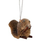 Mellow Monkey gray squirrel holiday ornament made from natural bottle brush fibers holding a small seed pod acorn
