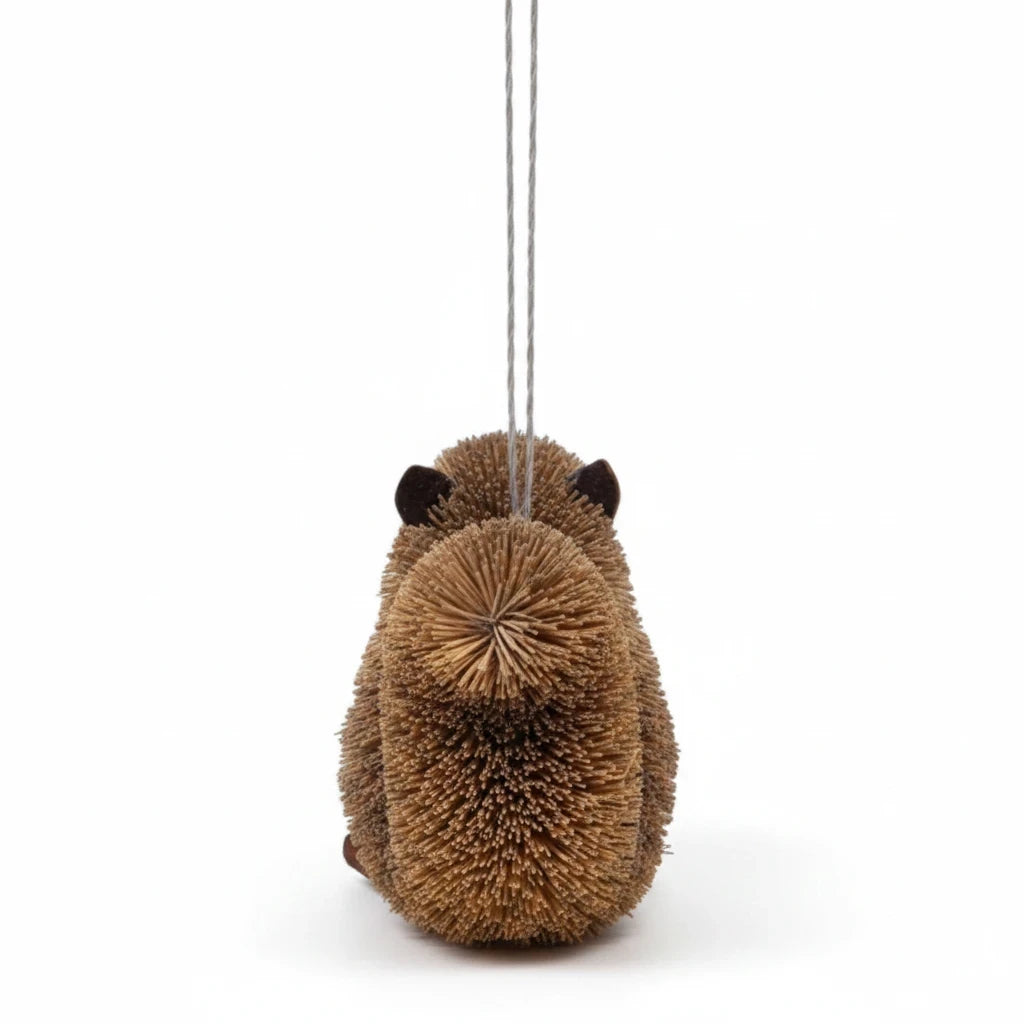 Mellow Monkey gray squirrel holiday ornament made from natural bottle brush fibers with a hanging string