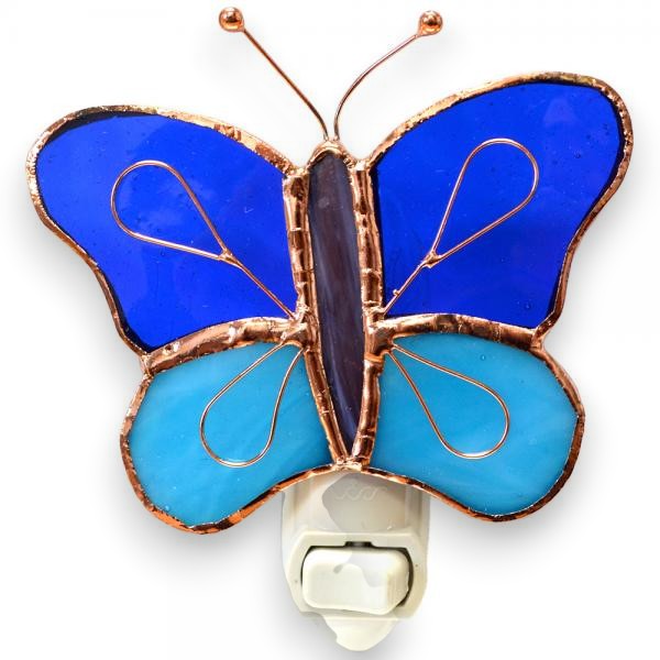 Mellow Monkey stained glass butterfly nightlight with dark and light blue wings and copper electroplate finish.