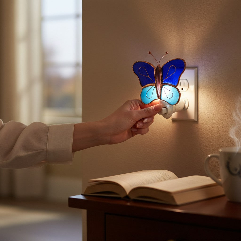 Mellow Monkey stained glass butterfly nightlight in dark and light blue with copper finish plugged into a wall outlet