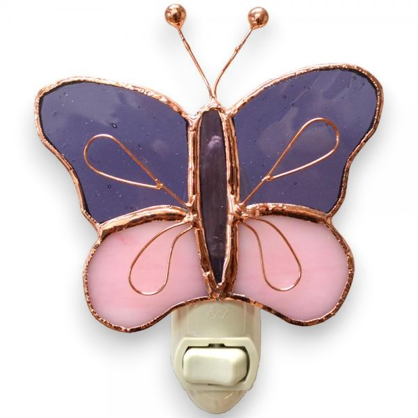 Mellow Monkey stained glass butterfly nightlight with pink and purple wings and a copper electroplate finish