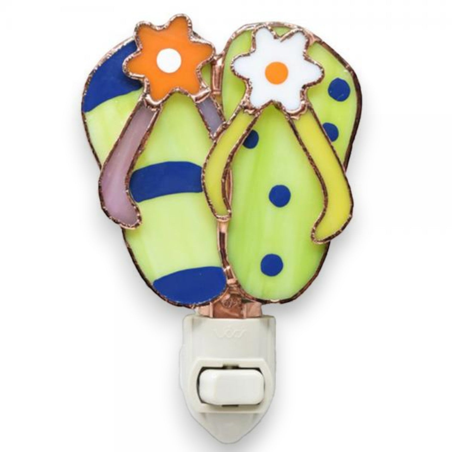 Mellow Monkey stained glass nightlight featuring a colorful flip flop design with copper electroplate finish.