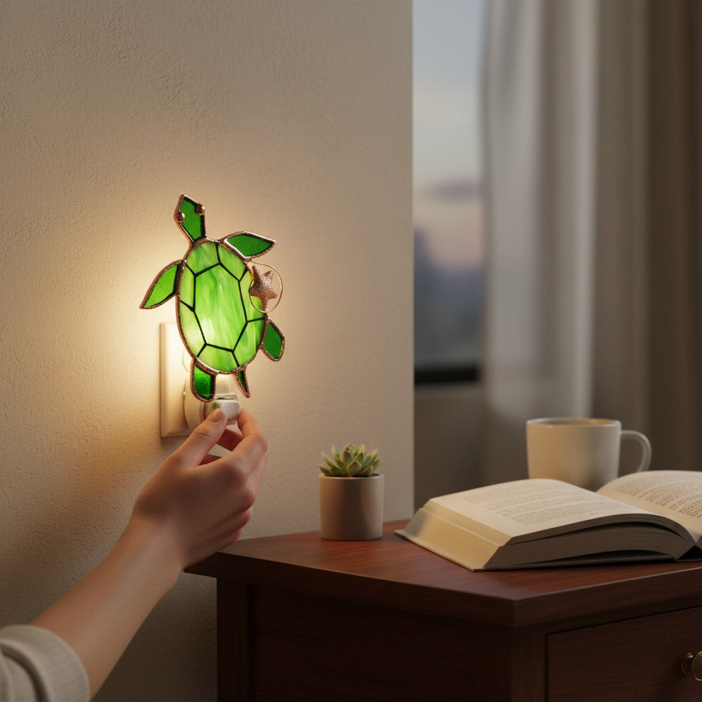 Mellow Monkey stained glass sea turtle nightlight with green glass and copper finish plugged into a wall outlet.
