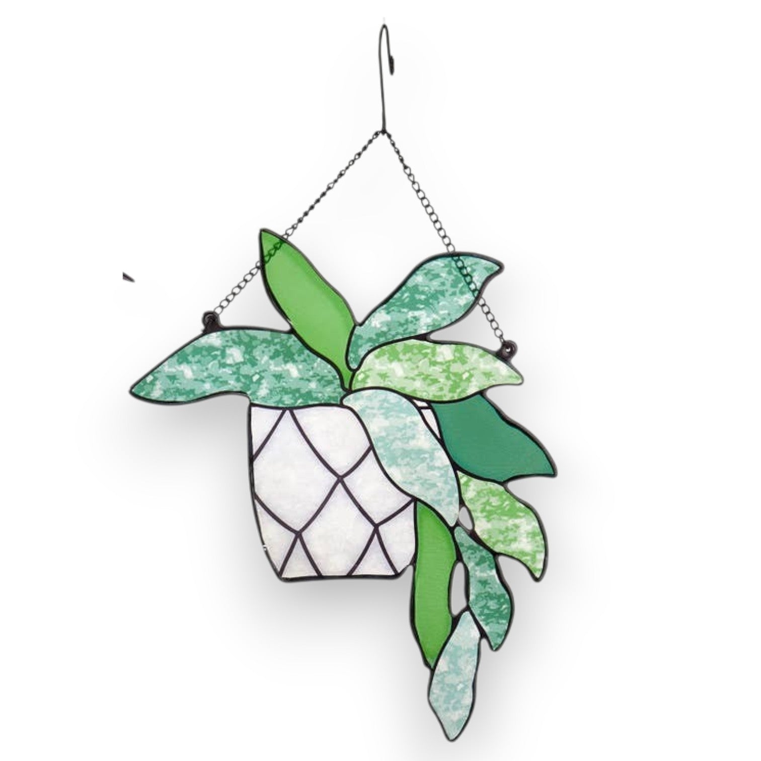 Mellow Monkey set of three stained glass hanging succulent plant suncatchers with metal chains for window display.