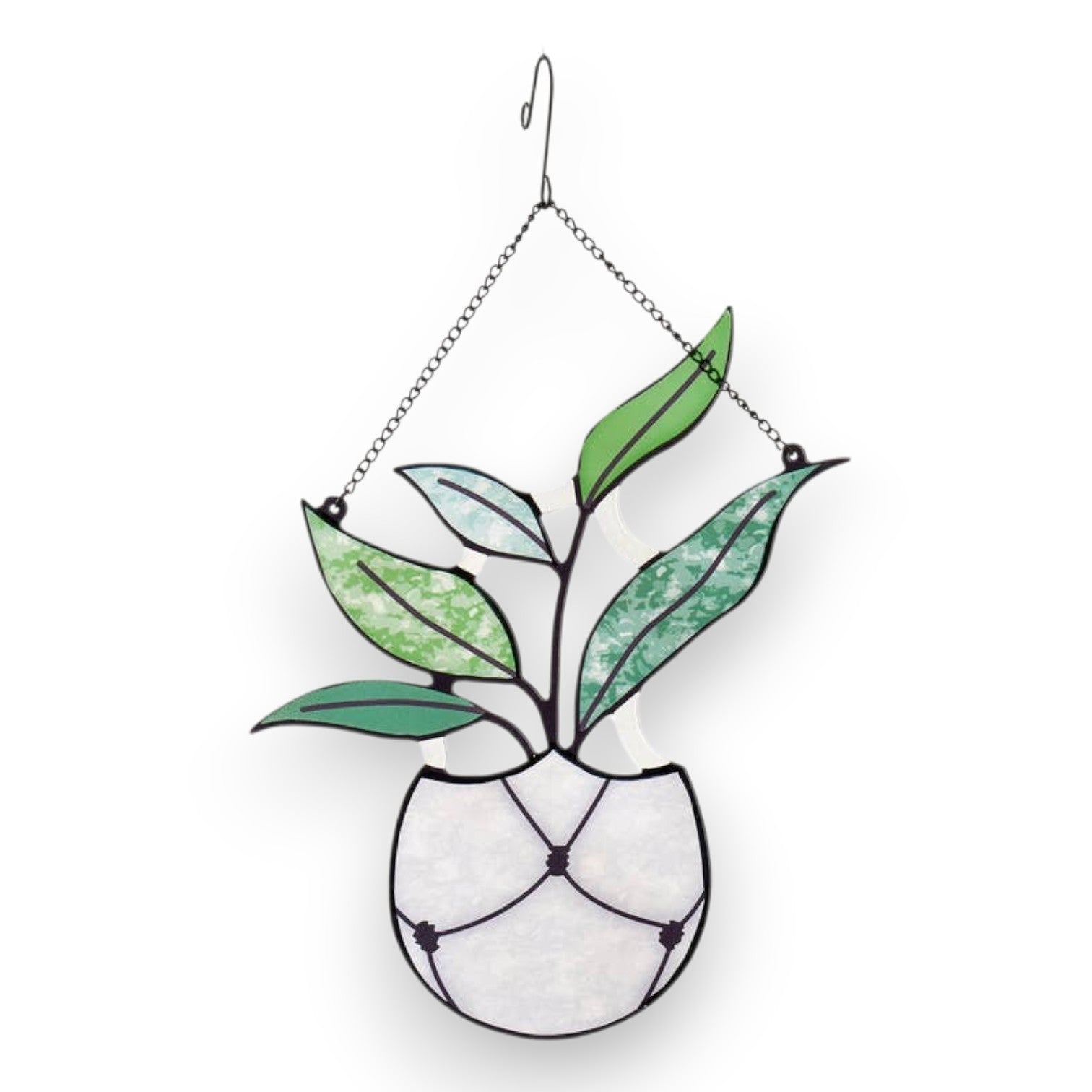 Mellow Monkey set of three stained glass hanging succulent plant suncatchers with metal chains for window display.