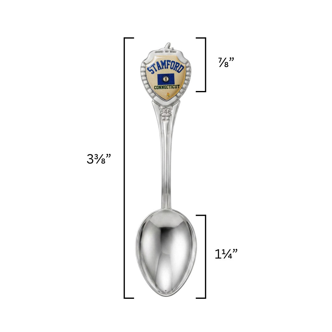 Mellow Monkey Stamford Connecticut souvenir mini spoon with silver-tone finish and decorative destination emblem